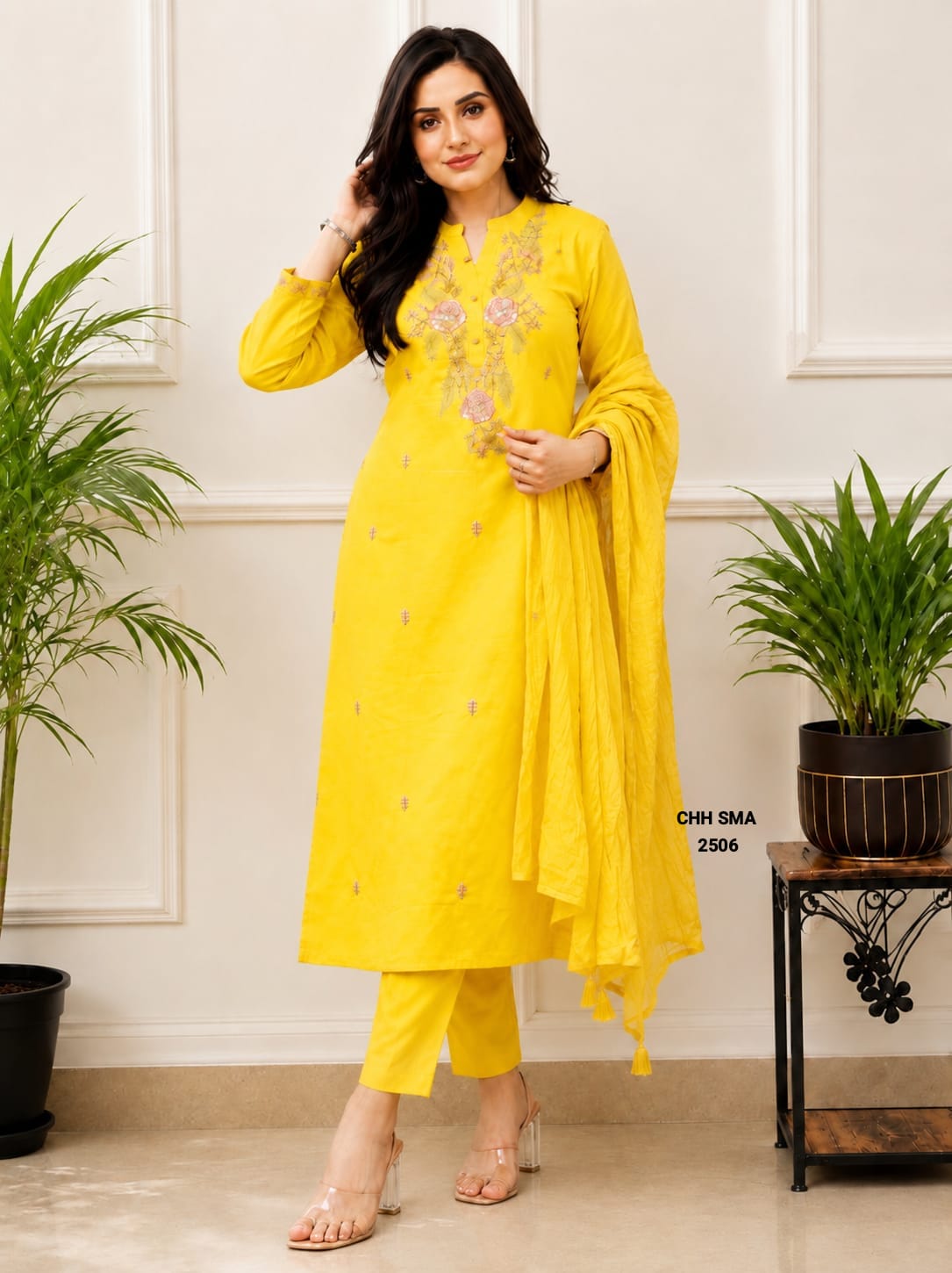 Floral Embroidered Straight Kurta, Pant, and Dupatta Set.
